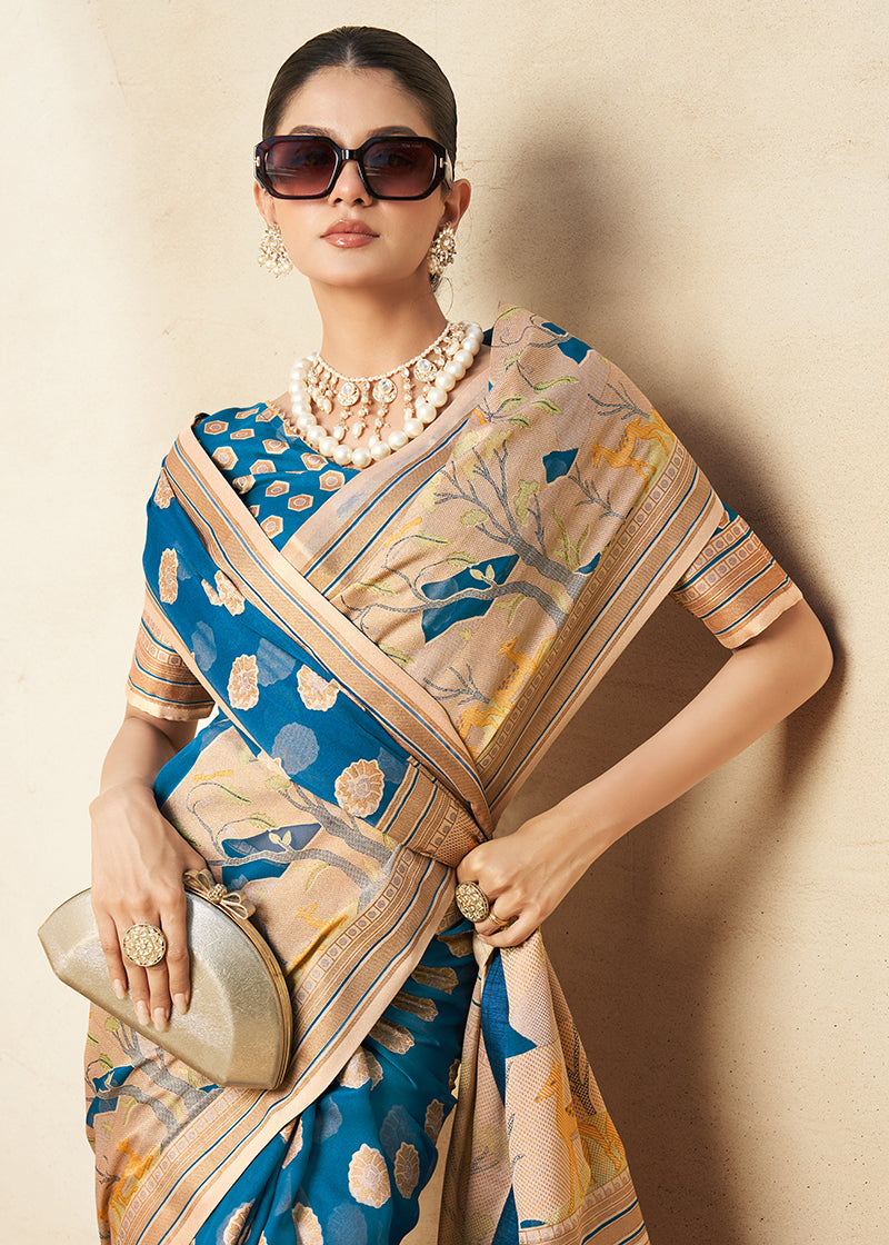 Monjolika Fashion Blue Georgette Weaving Zari Printed Classic Saree - Distacart