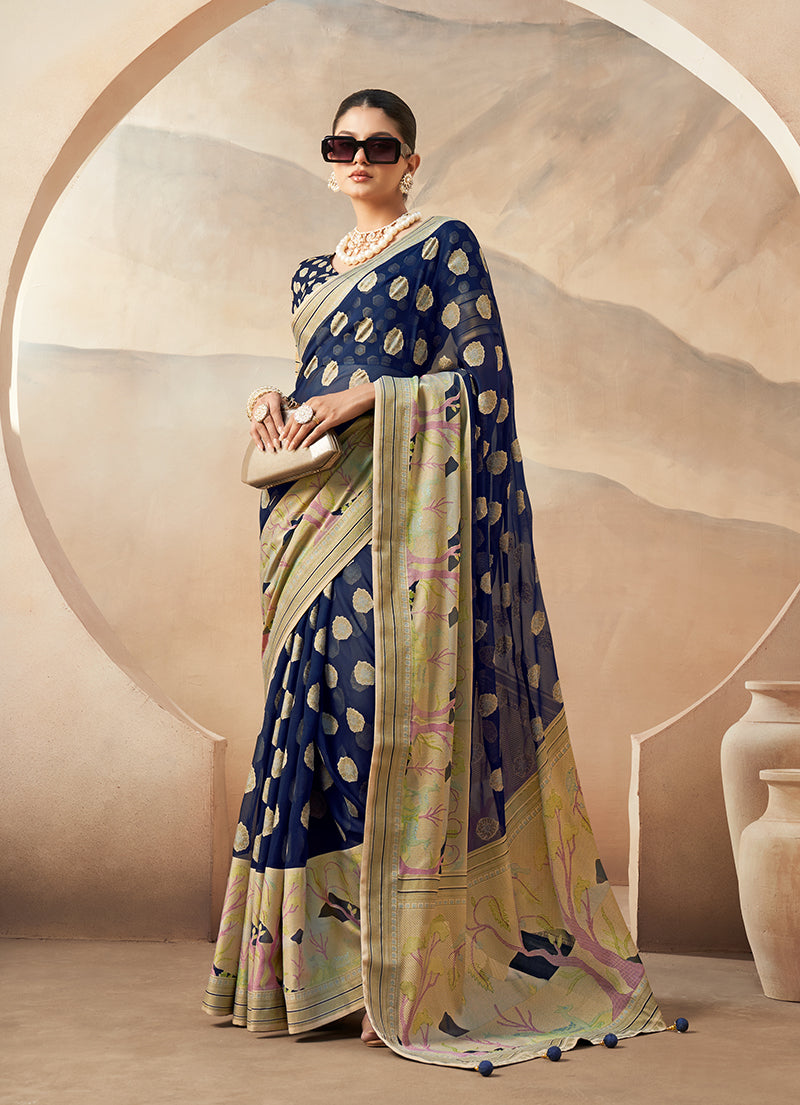 Monjolika Fashion Navy Blue Georgette Weaving Zari Printed Classic Saree