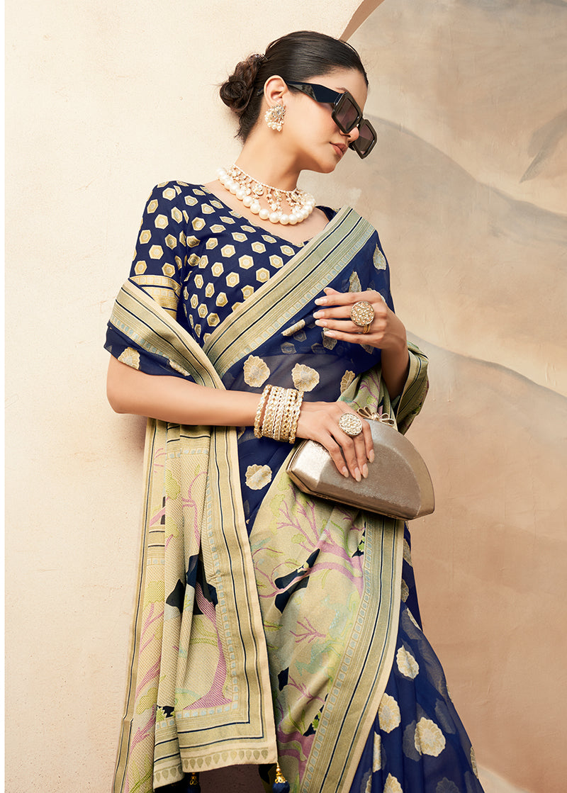 Monjolika Fashion Navy Blue Georgette Weaving Zari Printed Classic Saree