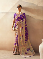 Thumbnail for Monjolika Fashion Violet Georgette Weaving Zari Printed Classic Saree