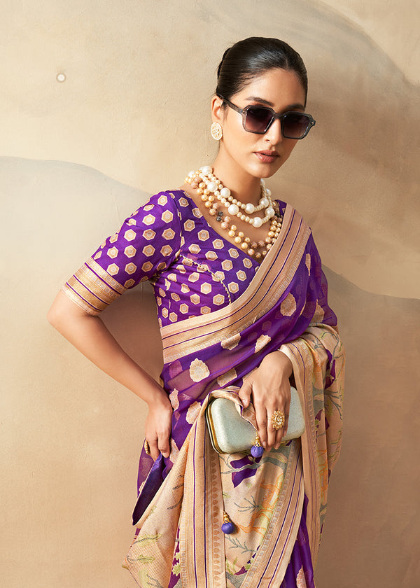 Monjolika Fashion Violet Georgette Weaving Zari Printed Classic Saree