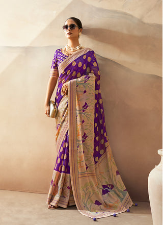 Monjolika Fashion Violet Georgette Weaving Zari Printed Classic Saree