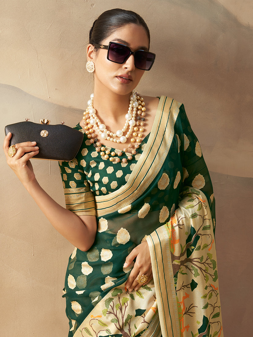 Monjolika Fashion Dark Green Georgette Weaving Zari Printed Classic Saree - Distacart