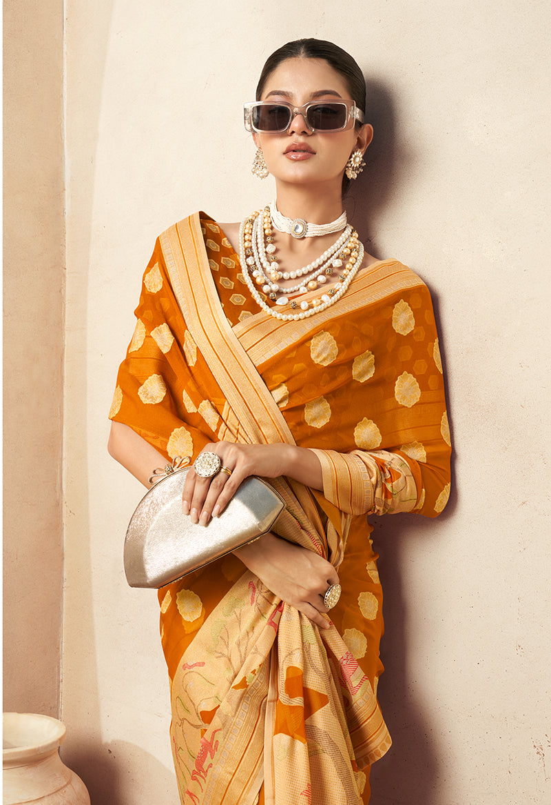Monjolika Fashion Orange Georgette Weaving Zari Printed Classic Saree - Distacart