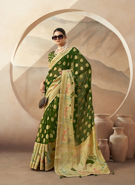 Monjolika Fashion Green Georgette Weaving Zari Printed Classic Saree