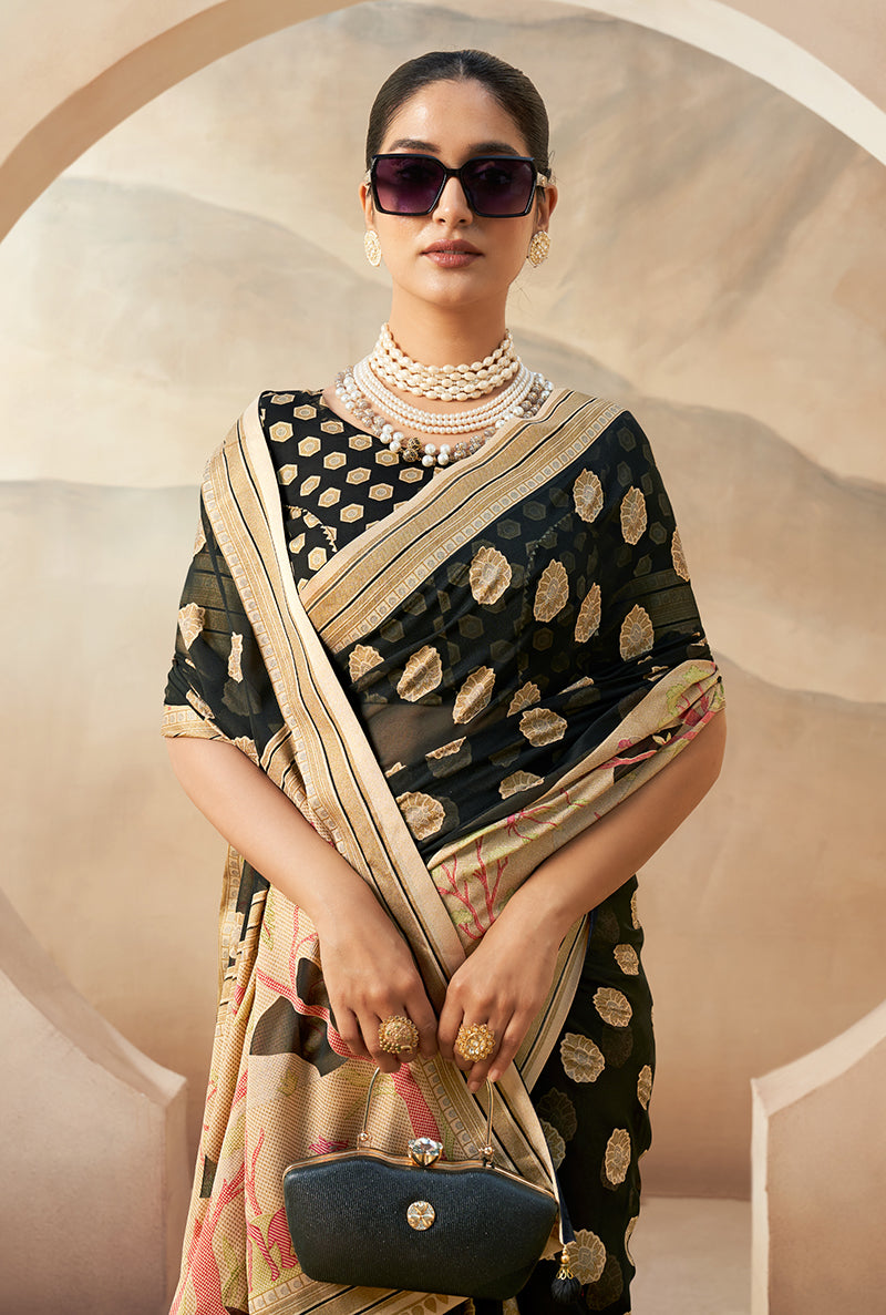 Monjolika Fashion Black Georgette Weaving Zari Printed Classic Saree - Distacart