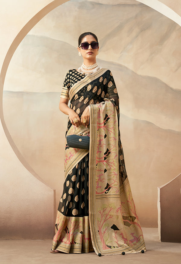 Monjolika Fashion Black Georgette Weaving Zari Printed Classic Saree