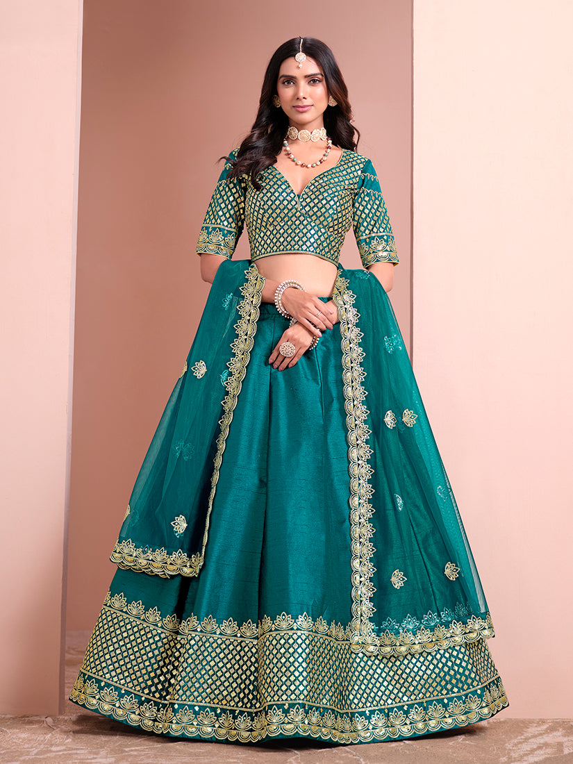 Monjolika Fashion Teal Embroidered Art Silk Designer Lehenga Choli