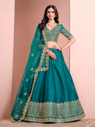 Monjolika Fashion Teal Embroidered Art Silk Designer Lehenga Choli