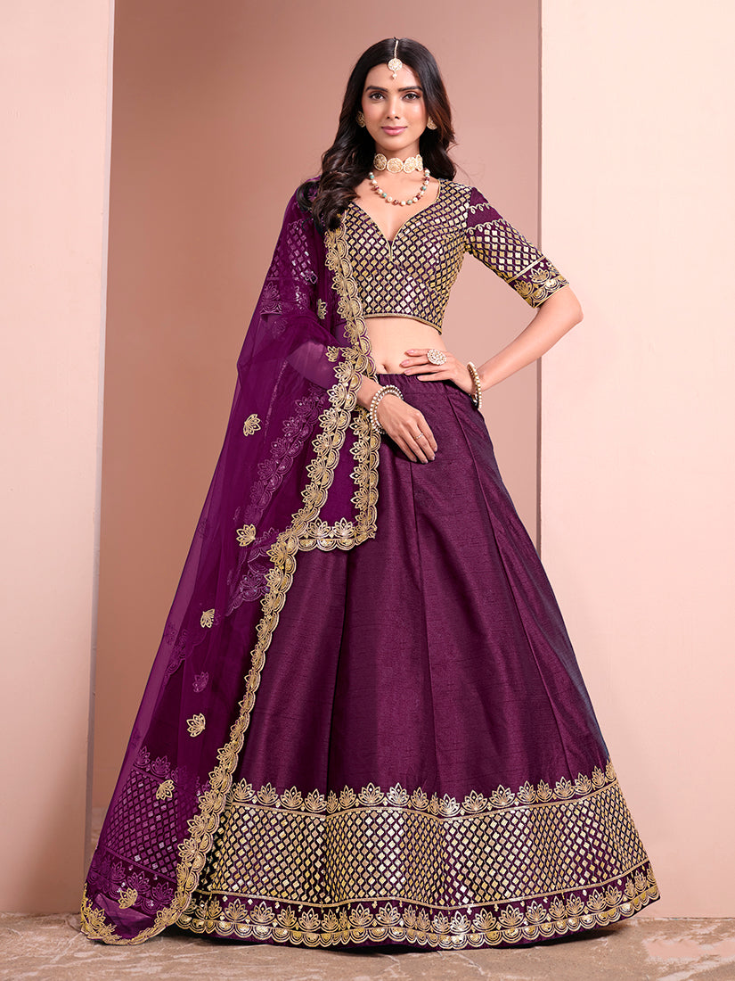 Monjolika Fashion Dark Purple Embroidered Art Silk Designer Lehenga Choli
