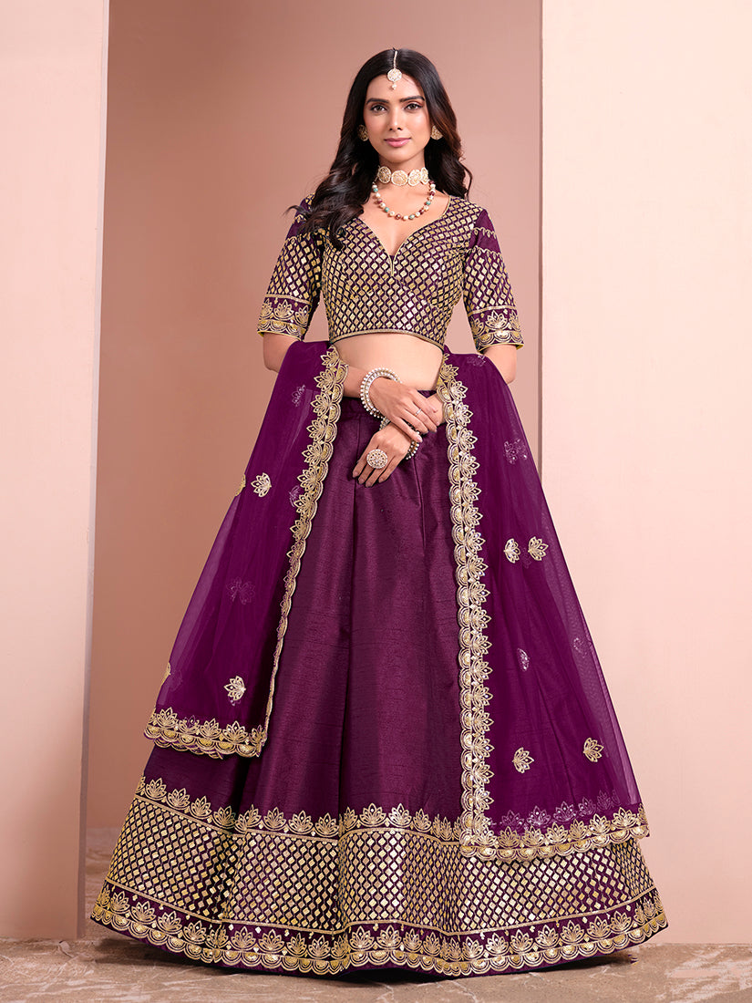 Monjolika Fashion Dark Purple Embroidered Art Silk Designer Lehenga Choli