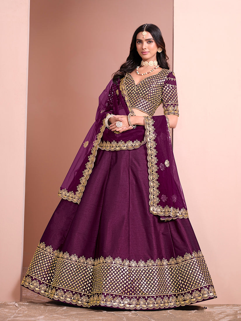 Monjolika Fashion Dark Purple Embroidered Art Silk Designer Lehenga Choli