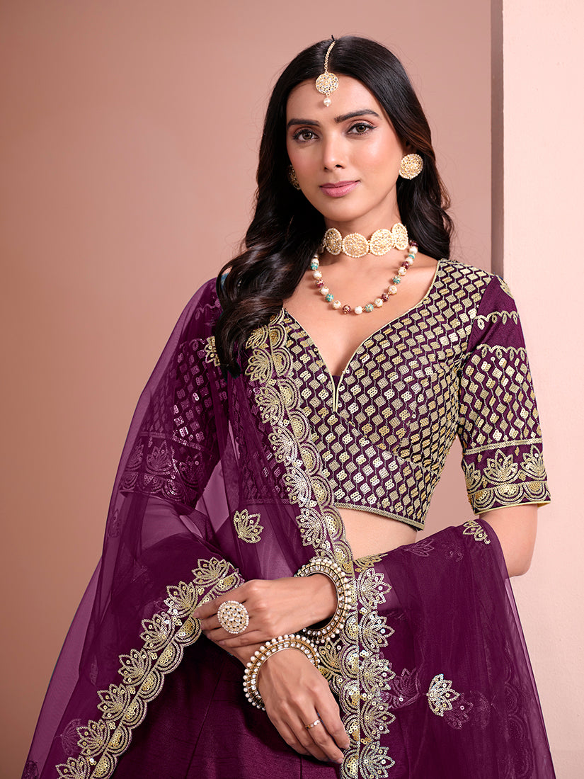 Monjolika Fashion Dark Purple Embroidered Art Silk Designer Lehenga Choli