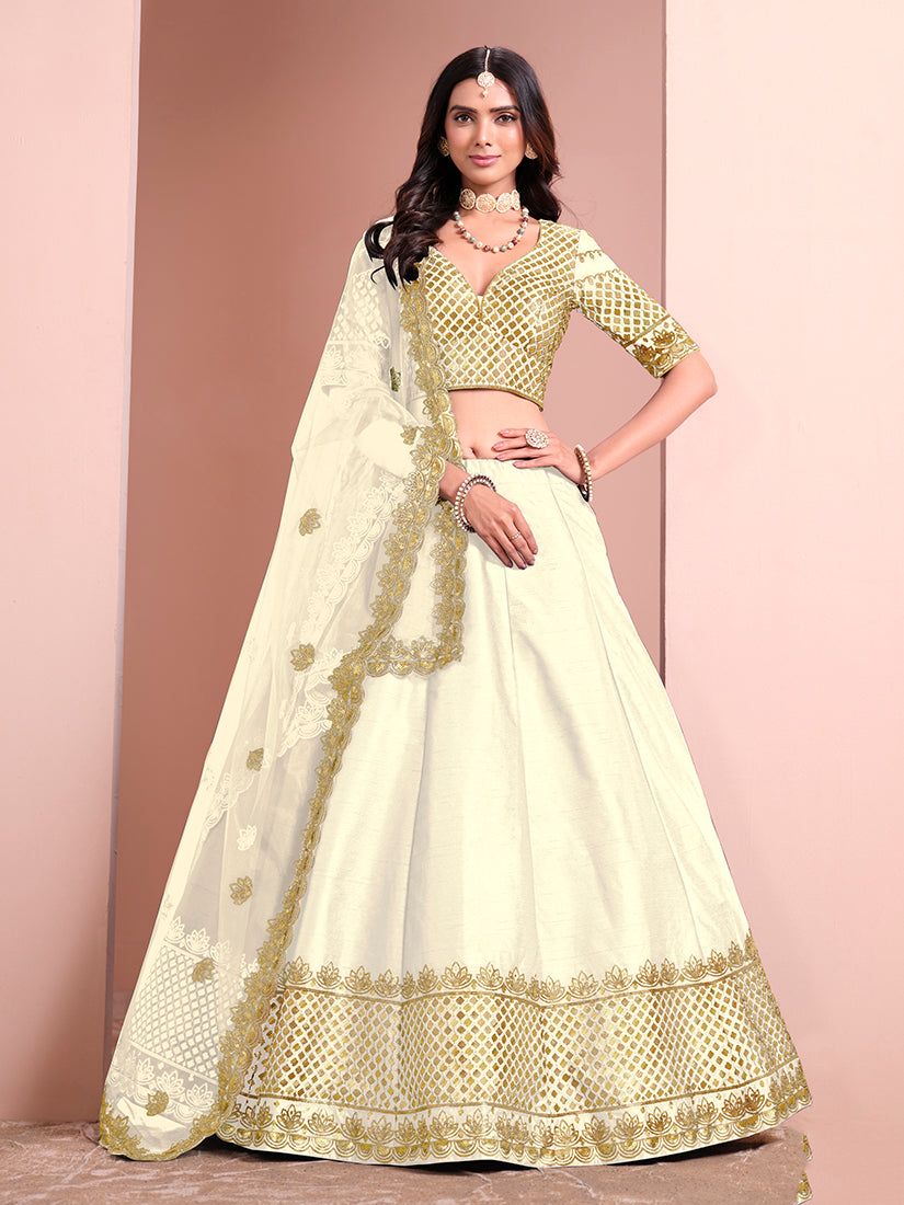 Monjolika Fashion Off White Embroidered Art Silk Designer Lehenga Choli