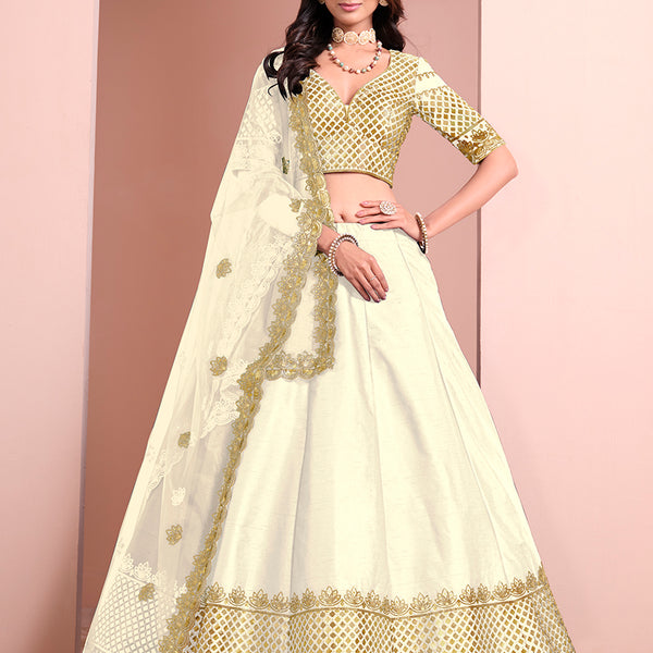 Monjolika Fashion Off White Embroidered Art Silk Designer Lehenga Choli - Distacart