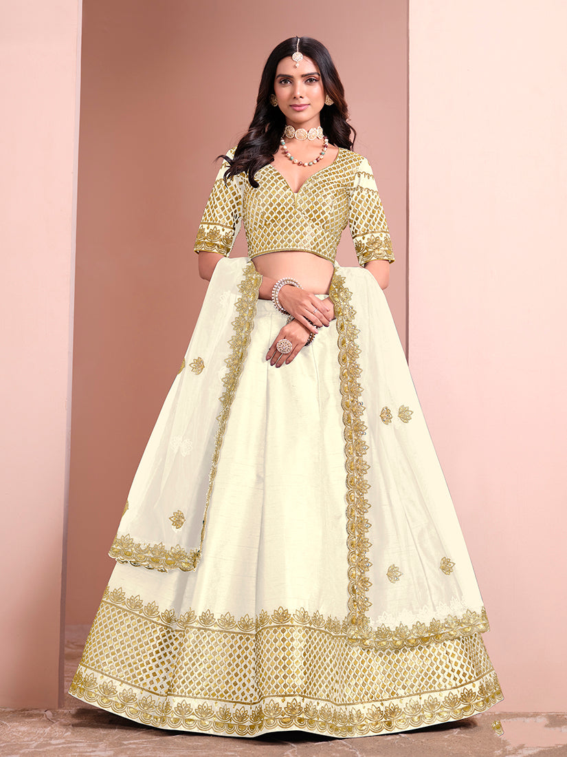 Monjolika Fashion Off White Embroidered Art Silk Designer Lehenga Choli