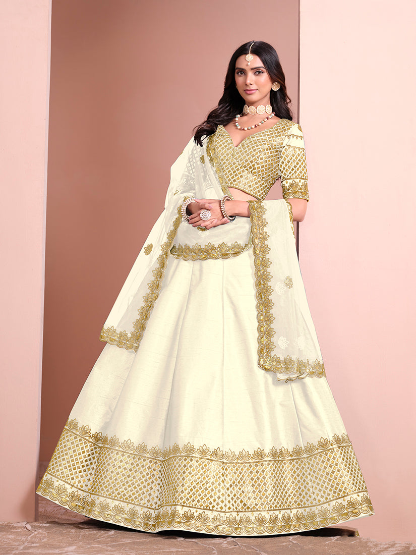Monjolika Fashion Off White Embroidered Art Silk Designer Lehenga Choli