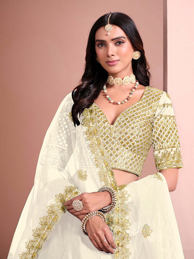 Monjolika Fashion Off White Embroidered Art Silk Designer Lehenga Choli