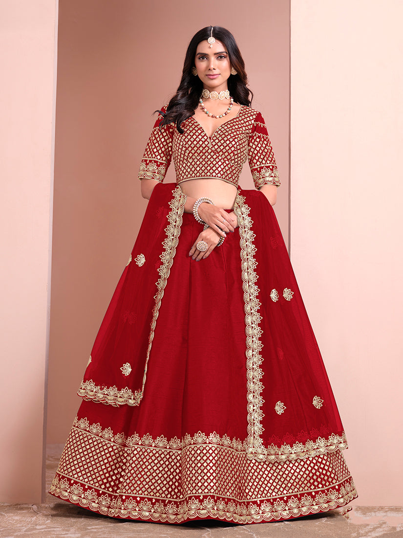 Monjolika Fashion Red Embroidered Art Silk Designer Lehenga Choli - Distacart