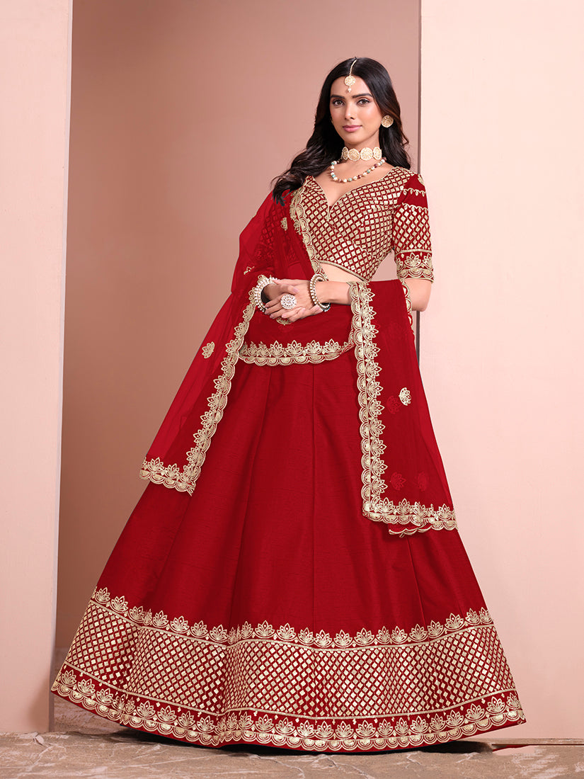 Monjolika Fashion Red Embroidered Art Silk Designer Lehenga Choli
