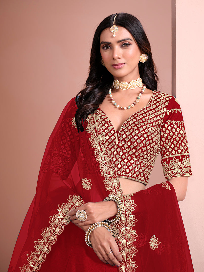 Monjolika Fashion Red Embroidered Art Silk Designer Lehenga Choli