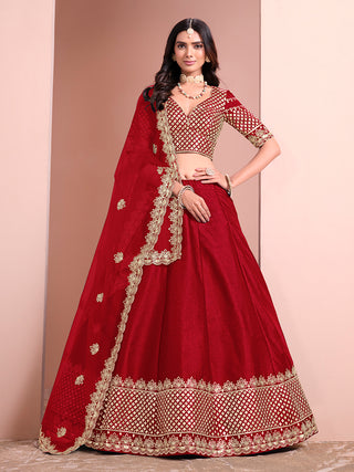 Monjolika Fashion Red Embroidered Art Silk Designer Lehenga Choli