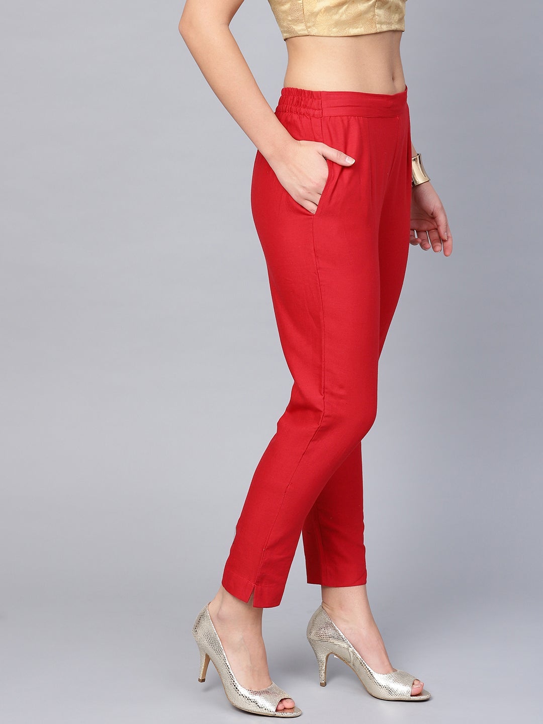 Juniper Red Solid Cotton Flex Slim Fit Women Pants With Two Pockets - Distacart