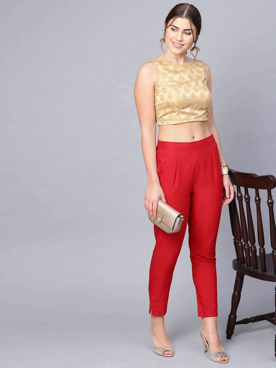 Juniper Red Solid Cotton Flex Slim Fit Women Pants With Two Pockets - Distacart
