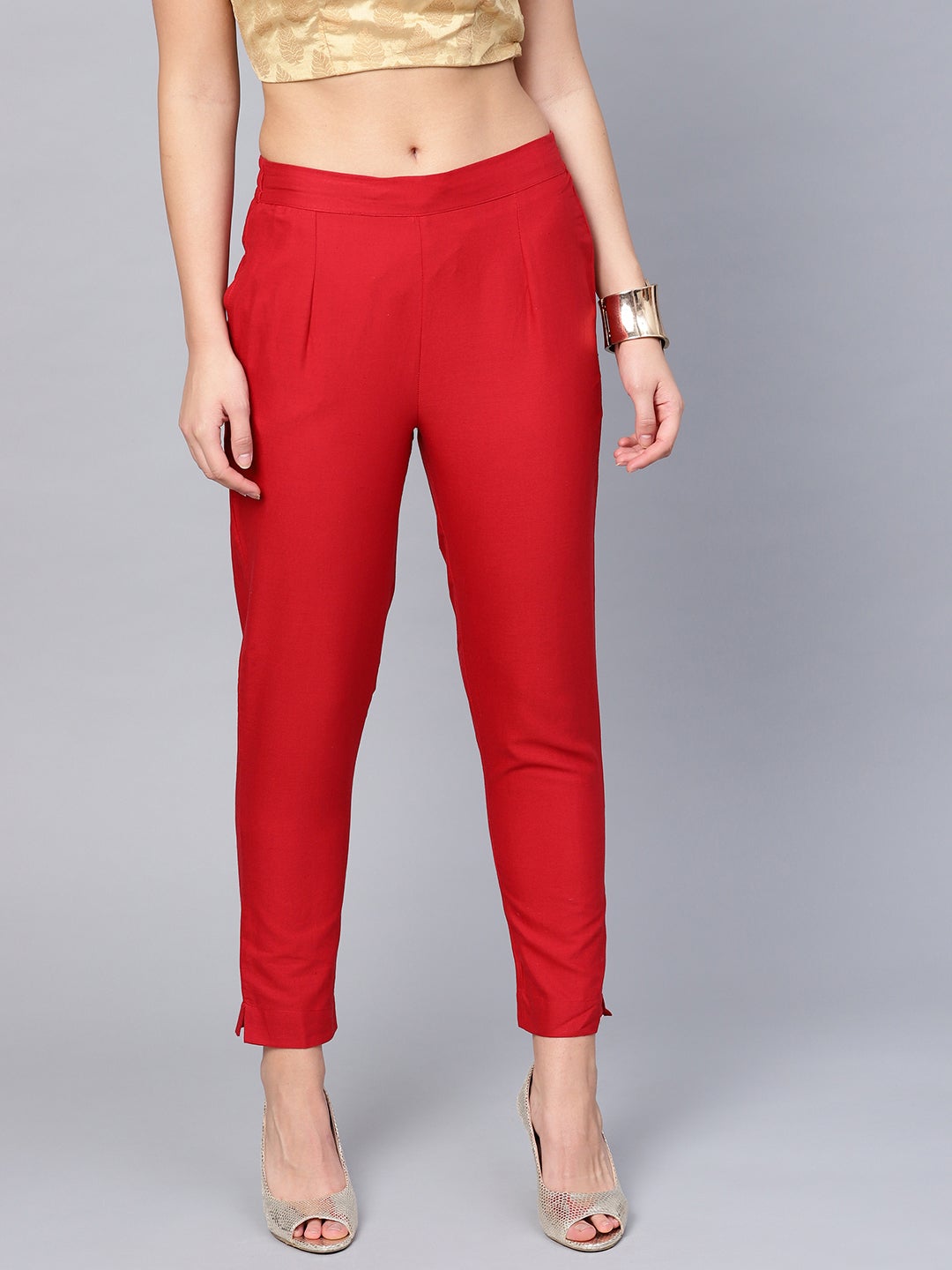 Juniper Red Solid Cotton Flex Slim Fit Women Pants With Two Pockets - Distacart