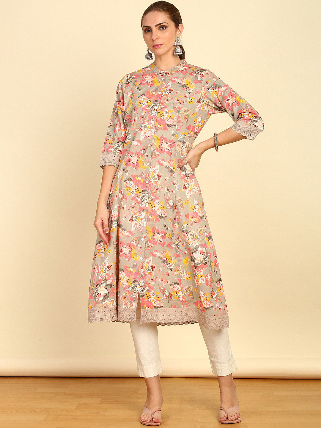 Soch Floral Printed Mandarin Collar Cotton A-Line Kurta - Distacart