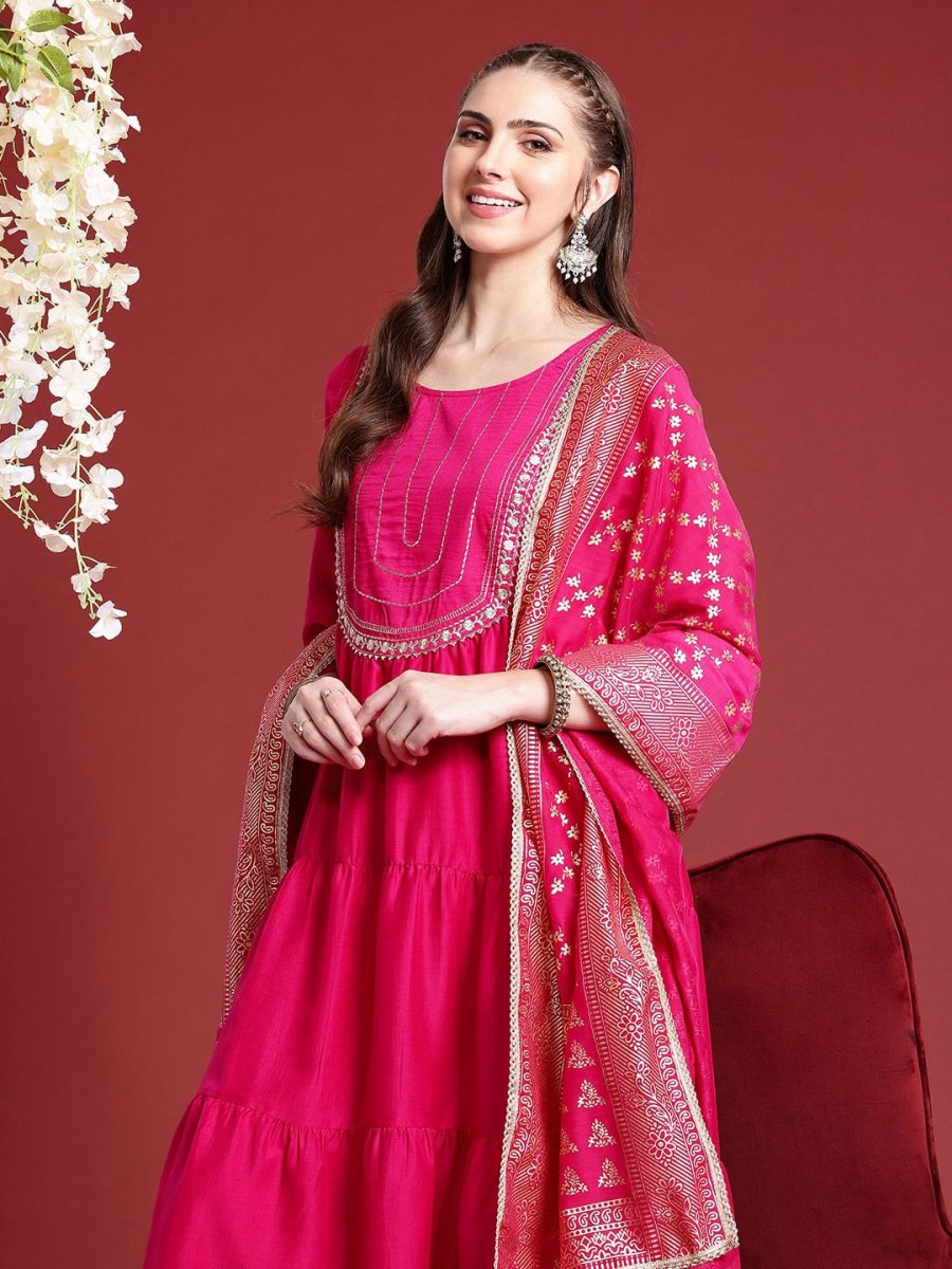 Anouk Floral Yoke Design Tiered Gotta Patti A-Line Kurta With Trousers & With Dupatta - Distacart