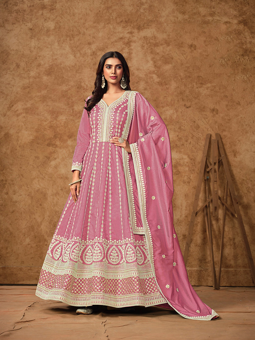 Monjolika Fashion Pink Color Embroidered Santoon Silk Salwar Suit
