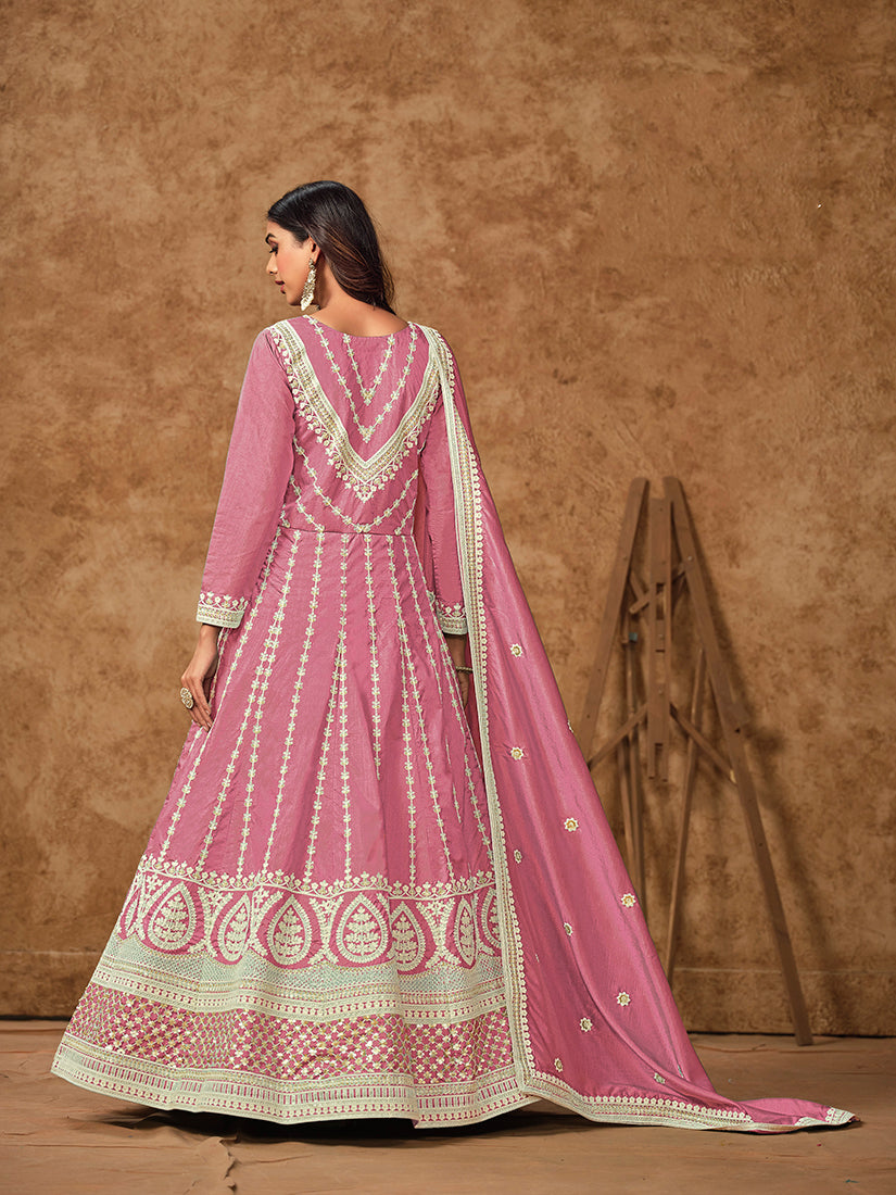 Monjolika Fashion Pink Color Embroidered Santoon Silk Salwar Suit