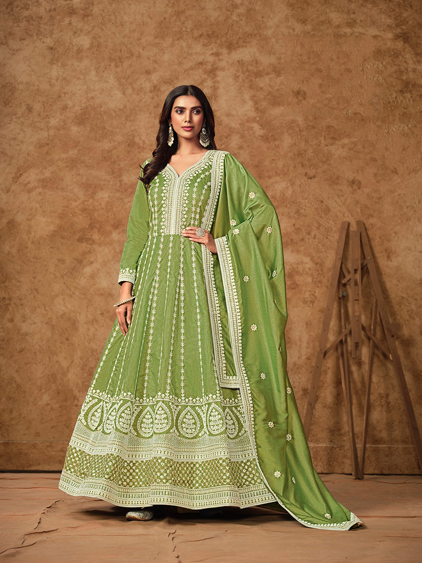 Monjolika Fashion Green Color Embroidered Santoon Silk Salwar Suit