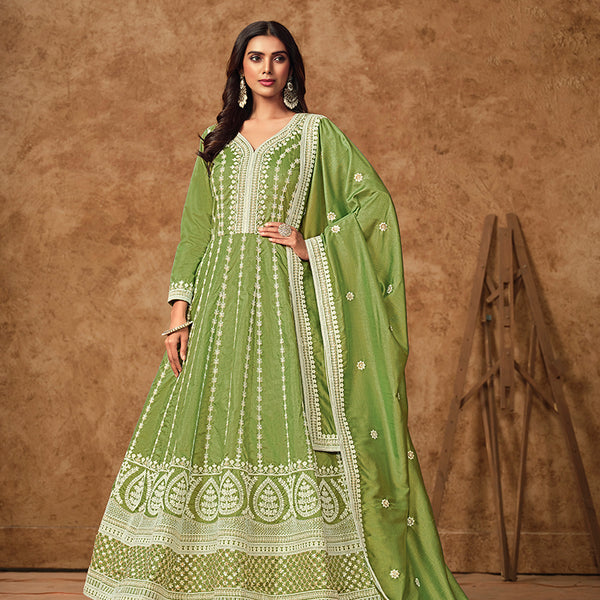 Monjolika Fashion Green Color Embroidered Santoon Silk Salwar Suit - Distacart