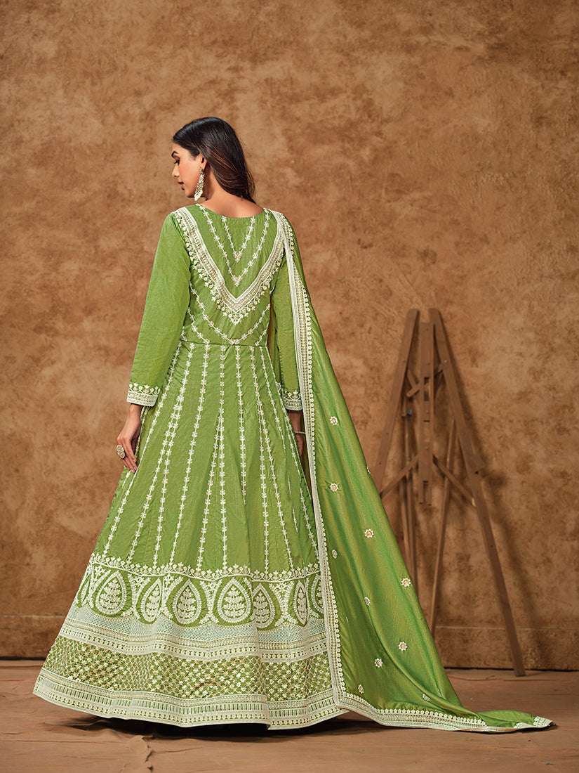 Monjolika Fashion Green Color Embroidered Santoon Silk Salwar Suit
