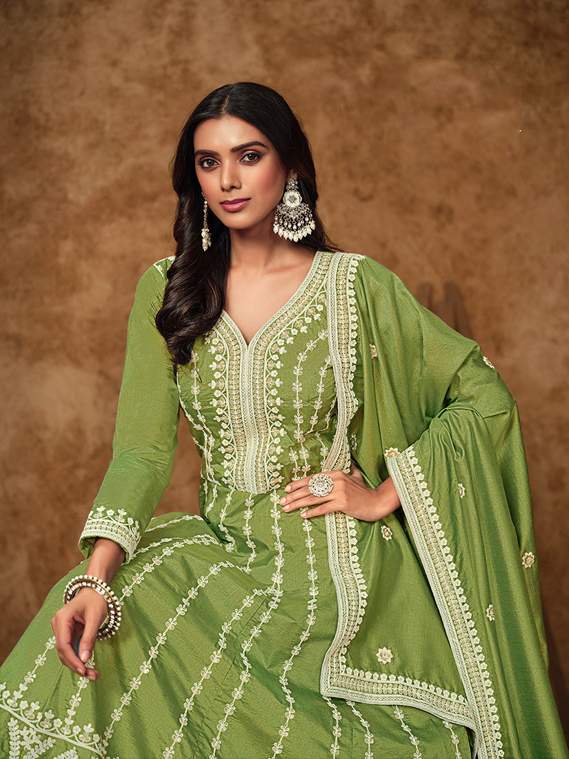 Monjolika Fashion Green Color Embroidered Santoon Silk Salwar Suit