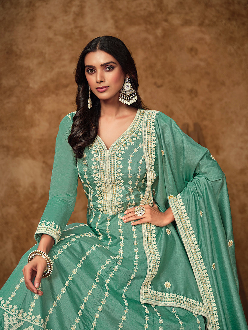 Monjolika Fashion Aqua-Blue Color Embroidered Santoon Silk Salwar Suit