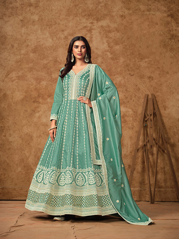 Monjolika Fashion Aqua-Blue Color Embroidered Santoon Silk Salwar Suit