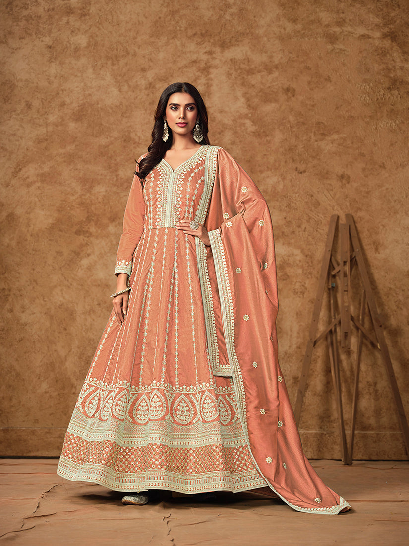 Monjolika Fashion Peach Color Embroidered Santoon Silk Salwar Suit