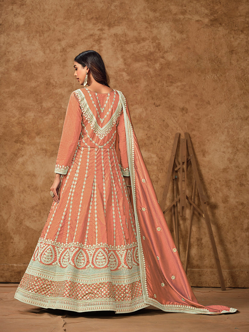 Monjolika Fashion Peach Color Embroidered Santoon Silk Salwar Suit