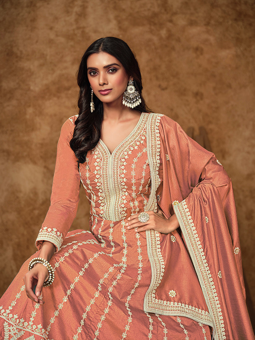 Monjolika Fashion Peach Color Embroidered Santoon Silk Salwar Suit