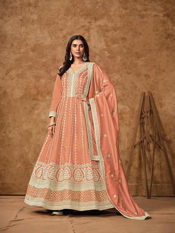 Monjolika Fashion Peach Color Embroidered Santoon Silk Salwar Suit