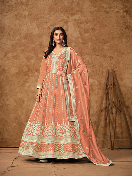 Monjolika Fashion Peach Color Embroidered Santoon Silk Salwar Suit