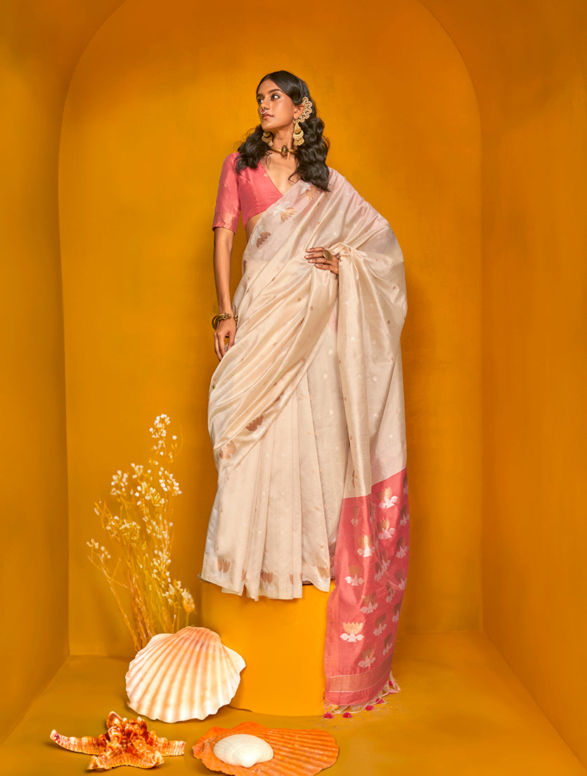 Monjolika Fashion Cream Handloom Silk Weaving Zari Designer Saree