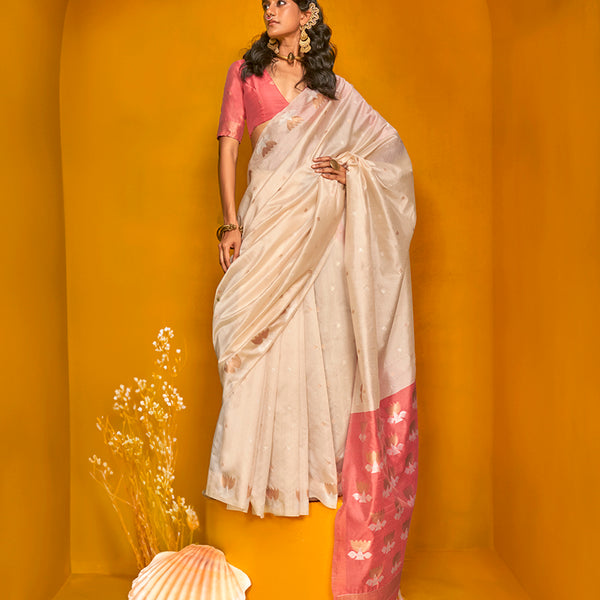 Monjolika Fashion Cream Handloom Silk Weaving Zari Designer Saree - Distacart