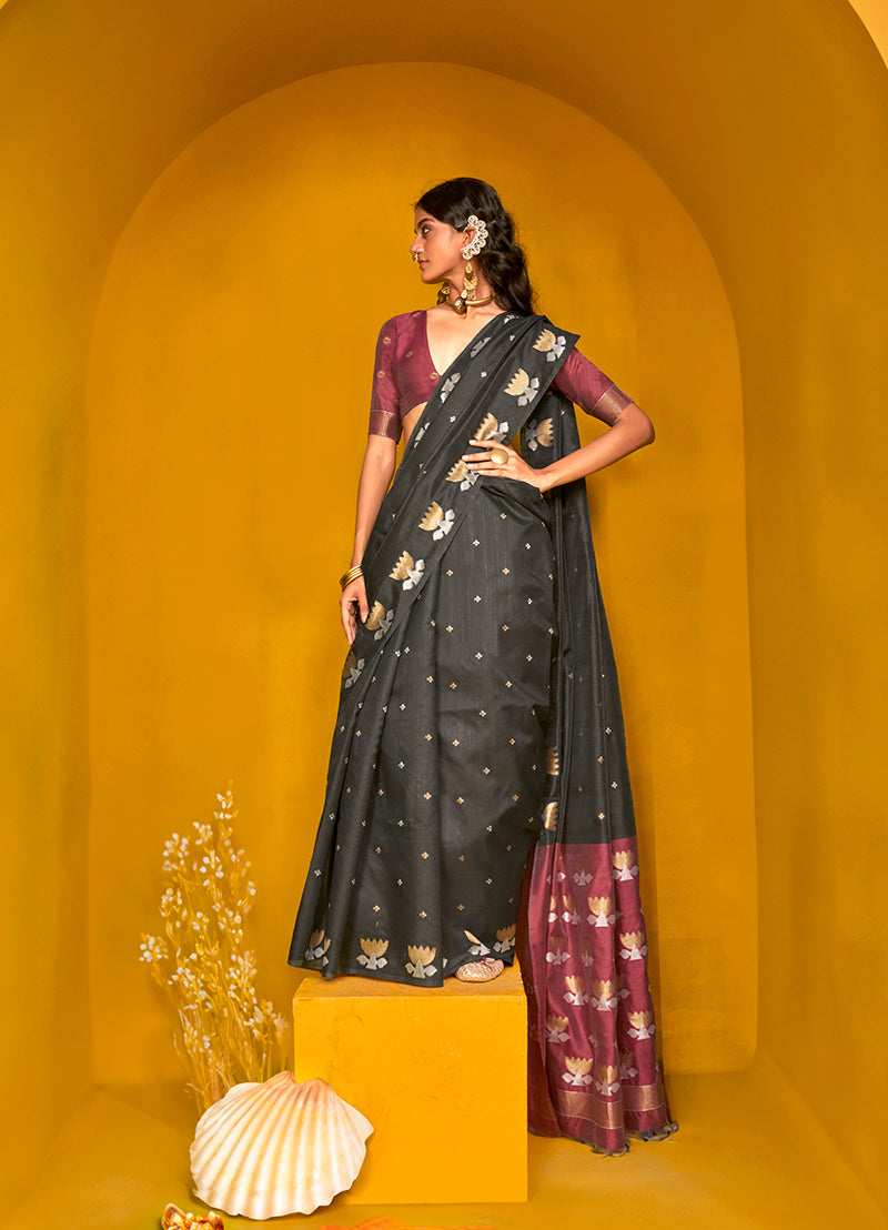 Monjolika Fashion Black Handloom Silk Weaving Zari Designer Saree