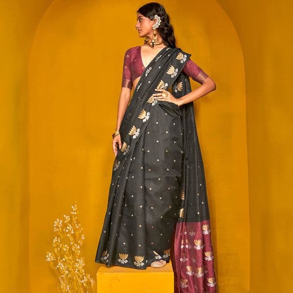 Monjolika Fashion Black Handloom Silk Weaving Zari Designer Saree - Distacart