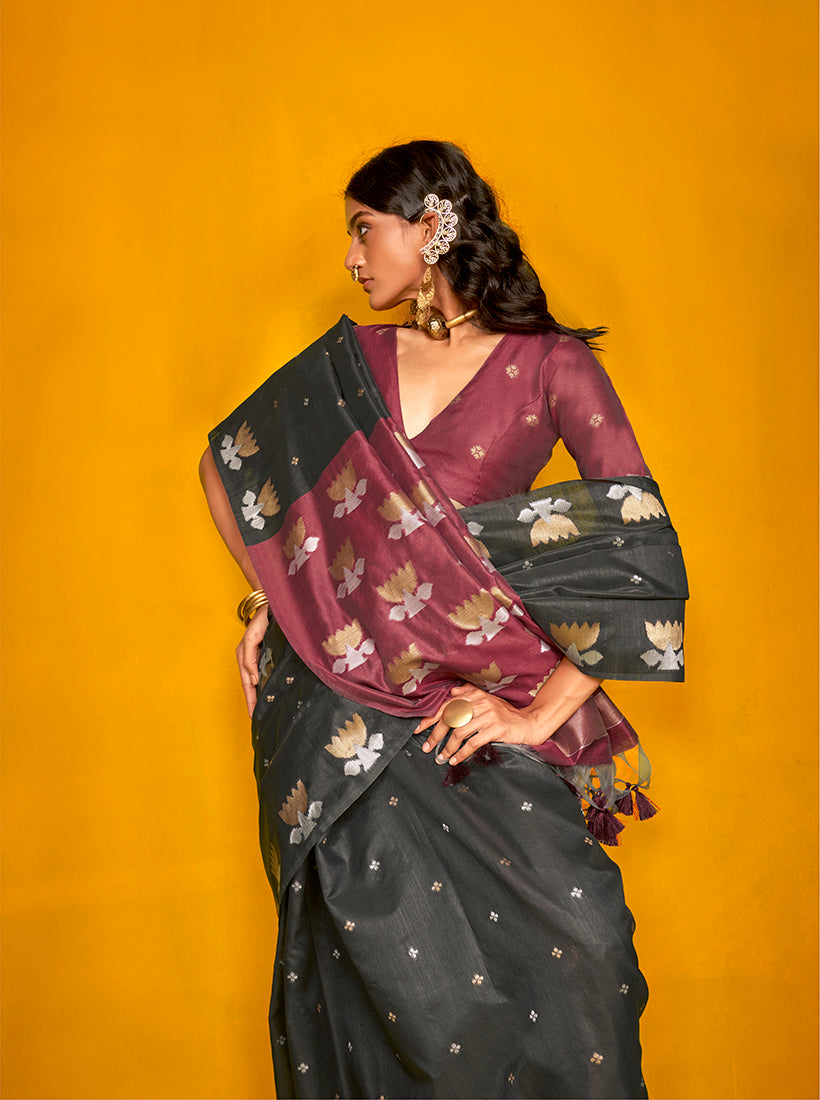 Monjolika Fashion Black Handloom Silk Weaving Zari Designer Saree