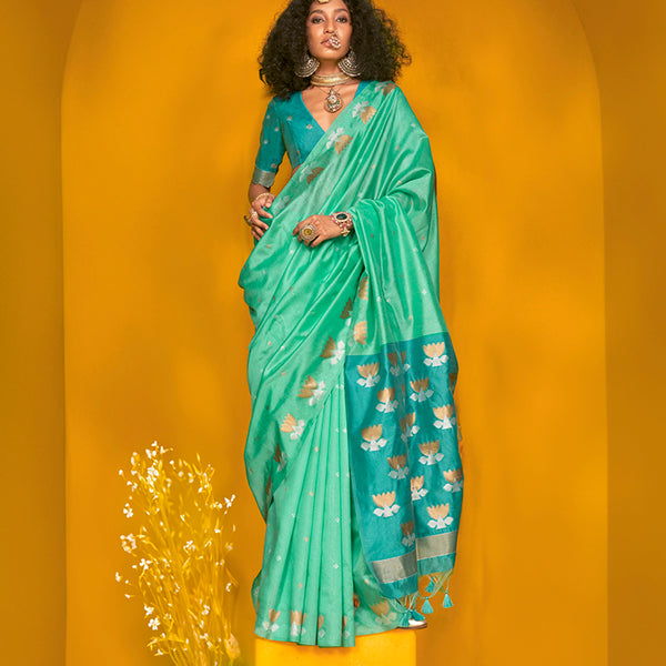 Monjolika Fashion Sea Green Handloom Silk Weaving Zari Designer Saree - Distacart